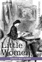 Illustration d'une femme en robe de bal assise à un bureau, avec les textes 'Little Women' et 'LOUISA MAY ALCOTT'.
