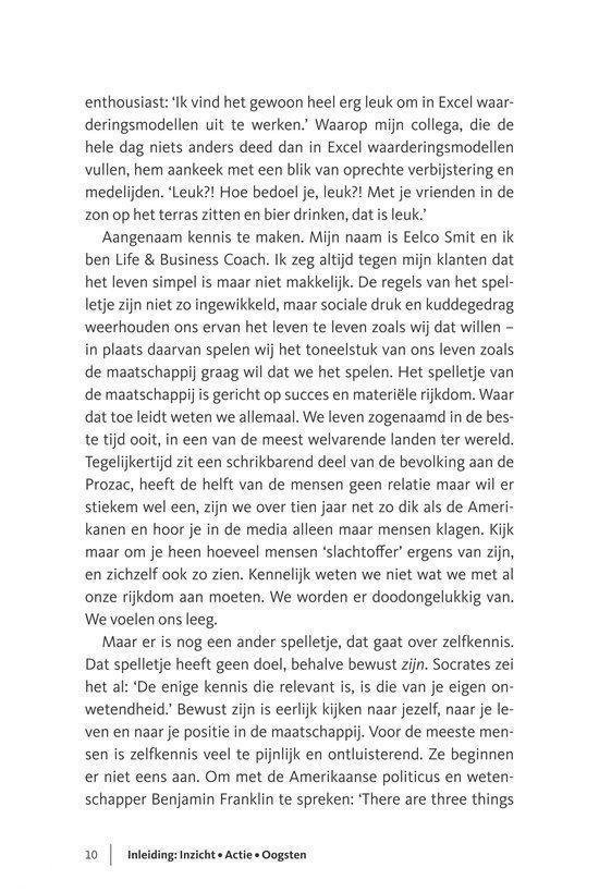 Pagina uit het boek met tekst over de betekenis van 'lef' en de relatie tussen kennis en zelfkennis.