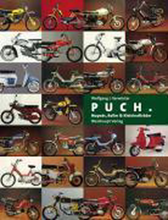 Boekomslag met een collage van Puch bromfietsen en scooters in verschillende kleuren en modellen.