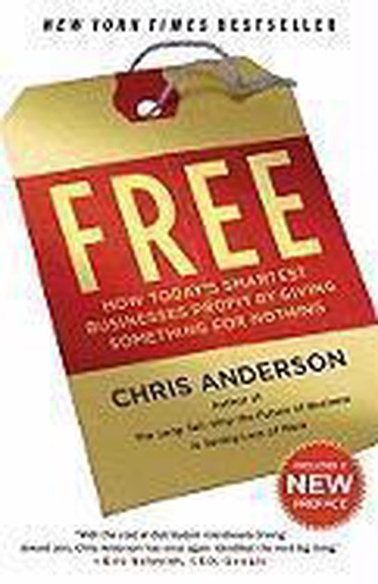 Boek "Free" van Chris Anderson, New York Times bestseller. De cover is een gele en rode prijslabel met het woord "FREE" in grote letters.