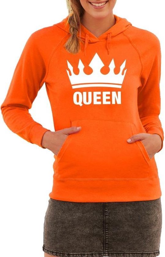 Oranje hoodie / hooded sweater Queen met kroon dames - Koningsdag kleding S  | bol.com