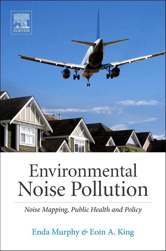 Couverture de livre avec un avion volant bas au-dessus des maisons. Titre : Environmental Noise Pollution.