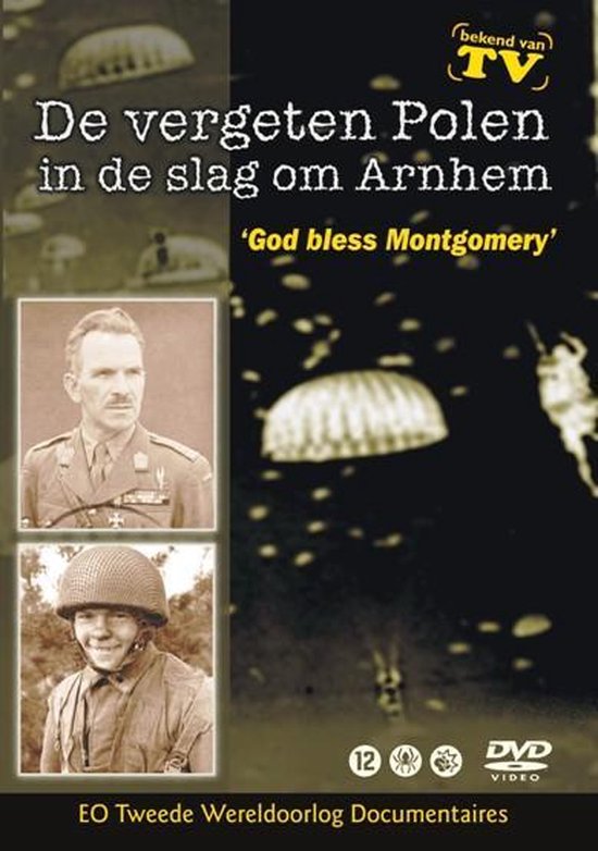 DVD-cover 'De vergeten Polen in de slag om Arnhem'. Twee portretten van militairen, parachutisten in de lucht.