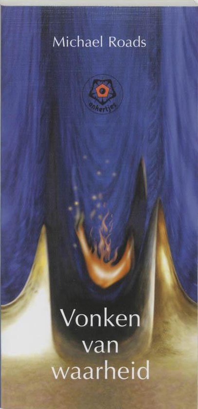 Couverture du livre "Vonken van waarheid" par Michael Roads, avec une flamme sur des rideaux bleus.