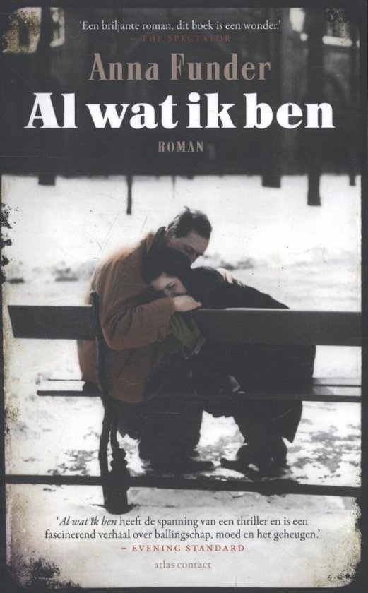 Boekcover 'Al wat ik ben' met een stel op een bankje in de sneeuw.