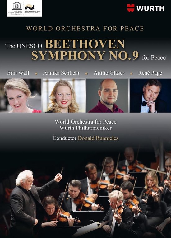 Poster voor 'World Orchestra for Peace' met Beethoven's Symfonie Nr. 9, met foto's van solisten Erin Wall, Annika Schlicht, Attilio Glaser en René Pape, en een orkest onder leiding van Donald Runnicles.