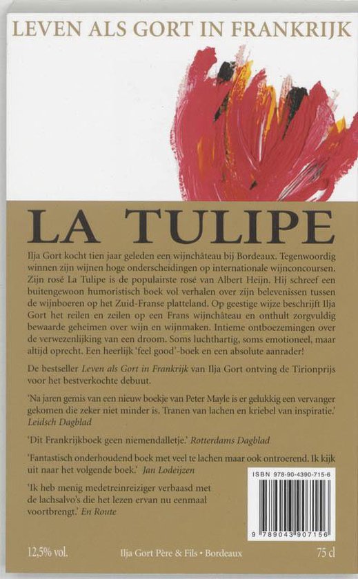 Boekomslag 'Leven als Gort in Frankrijk' met rode tulp-illustratie. Tekst 'LA TULIPE'.
