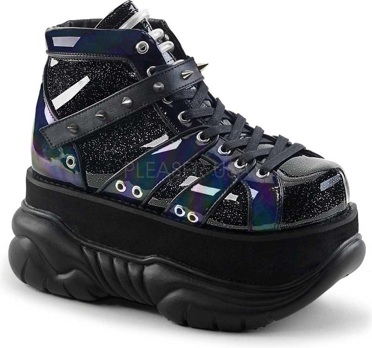 Neptune-100 glitter unisex plateau sneakers met spikes zwart - (EU 36 = US 4) - Demonia