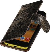 Apple iPhone 5C Hoesje - Zwart Lace/Kant Design - Book Case Wallet Cover Hoes