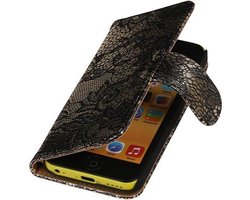 Apple iPhone 5C Hoesje - Zwart Lace/Kant Design - Book Case Wallet Cover Hoes