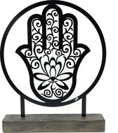 Hamsa hand - metaal in houten sokkel - mat zwart gepoedercoat - 35cm doorsnede - Nederlands product