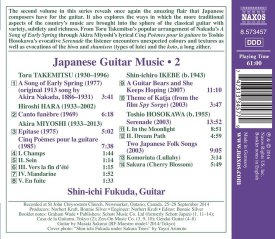 Boekje van een CD met Japanse gitaarmuziek, deel 2. Bevat een tracklist met componisten en titels. De achtergrond is paars met het NAXOS-logo.