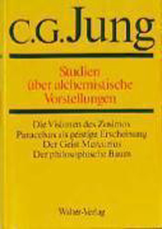 Boek met gele kaft. Titel: C.G. Jung Studien über alchemistische Vorstellungen. Omschrijvingen met rode tekst.