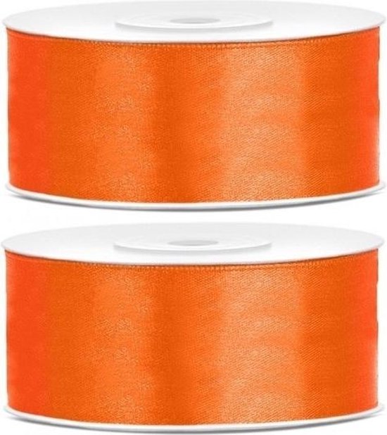 2x Hobby/decoratie oranje satijnen sierlinten 2,5 cm/25 mm x 25 meter - Cadeaulinten satijnlinten/ribbons - Oranje linten - Hobbymateriaal benodigdheden - Verpakkingsmaterialen