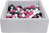 Ballenbak vierkant - grijs - 90x90x30 cm - met 300 wit, roze, grijs en zwarte ballen