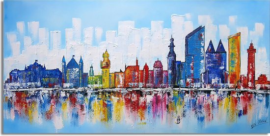 Acrylverf schilderij - Skyline Den Haag Blauw - 140 x 70 - handgeschilderd door Xander van Oosten