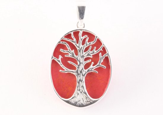 Ovale zilveren hanger met levensboom op rode koraal steen