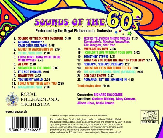 Cd-hoes met de tekst 'Sounds of the 60s', een tracklist en informatie over de Royal Philharmonic Orchestra. Psychedelische patronen op de achtergrond.