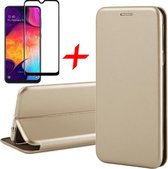 Hoesje geschikt voor Samsung Galaxy A50 - Screen Protector FullGuard - Book Case Leer ThinShield Goud & Screenprotector