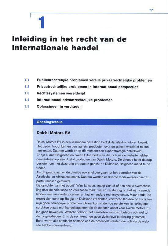 Pagina 17 met de titel "1 Inleiding in het recht van de internationale handel" en een "Openingscasus Dalchi Motors BV".