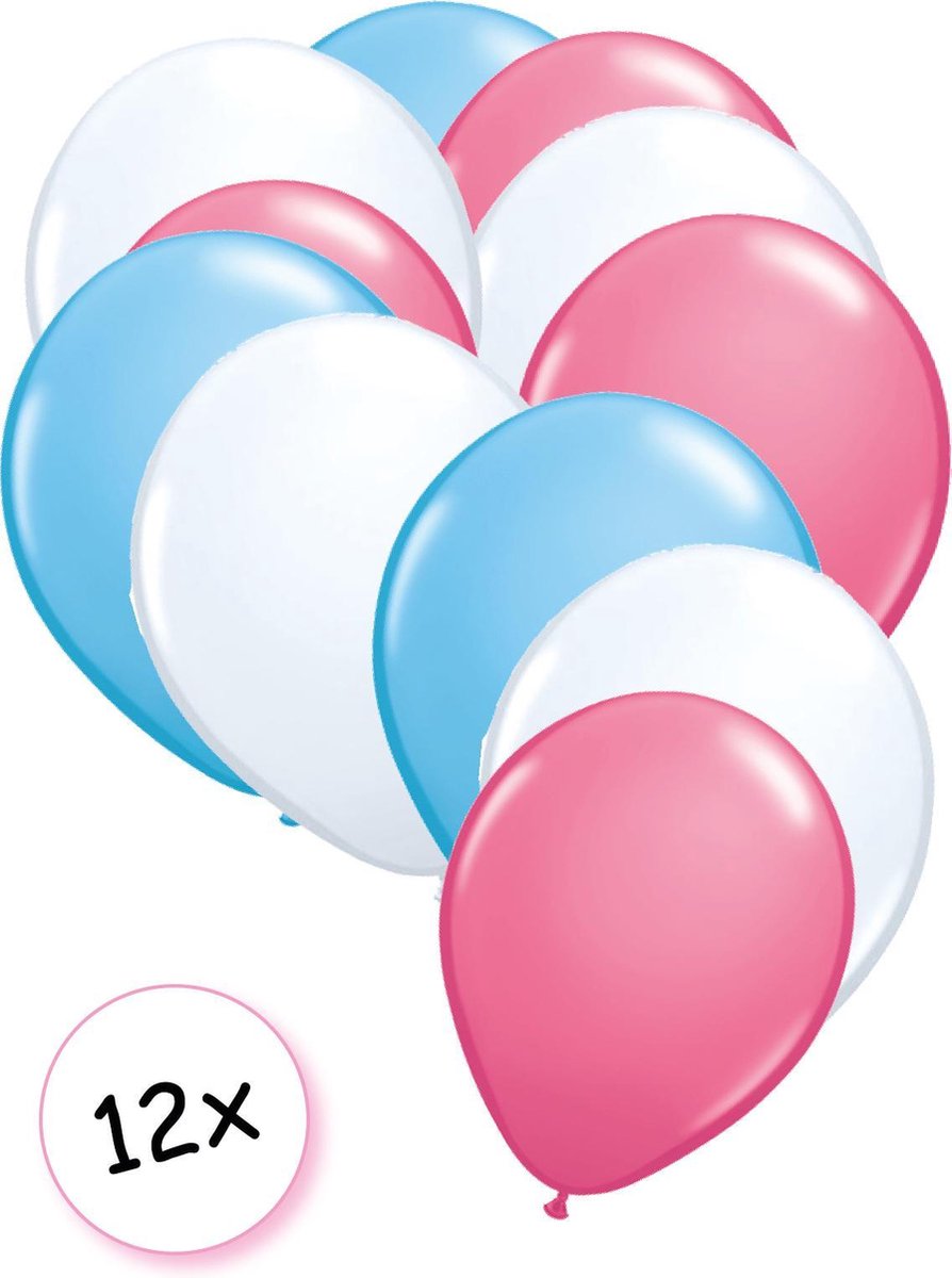 Ballonnen Licht blauw, Wit & Roze 12 stuks 27 cm