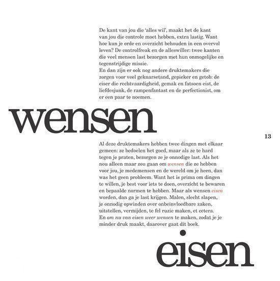 Tekst 'wensen' en 'eisen' met tekst ernaast over controlfreaks en alleswillers.