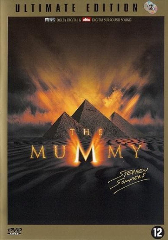 The Mummy Ultimate Edition DVD-cover met piramides bij zonsondergang. Met logo's voor Dolby Digital en DTS.