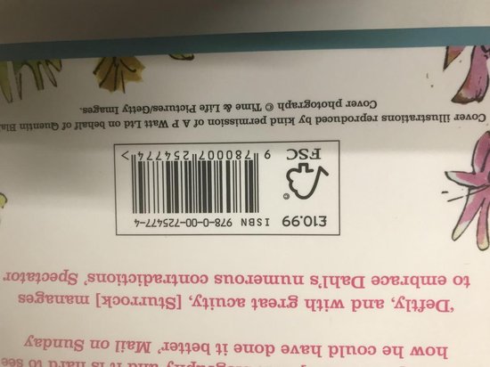 Prijs, ISBN, FSC-keurmerk en streepjescode op de achterkant van een boek.
