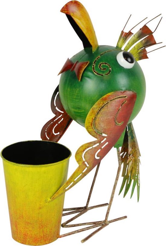 (Planten)potten – Rond – Vogel – Metaal – Geel, groen, rood – 36x28x16 cm – Fairtrade – Sarana