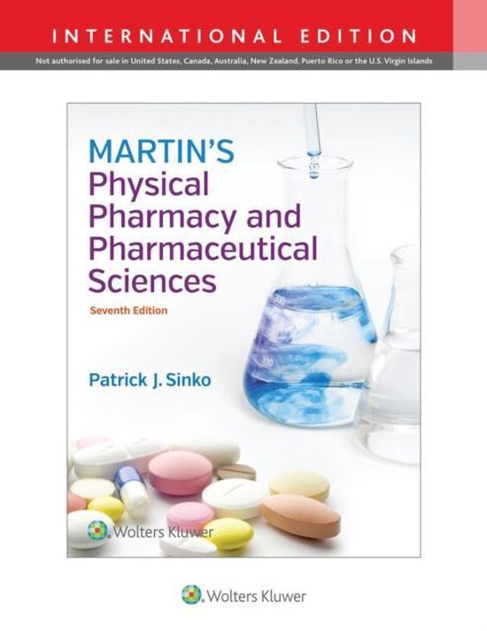 Livre 'Martin's Physical Pharmacy and Pharmaceutical Sciences', septième édition, avec des pilules et du matériel de laboratoire.