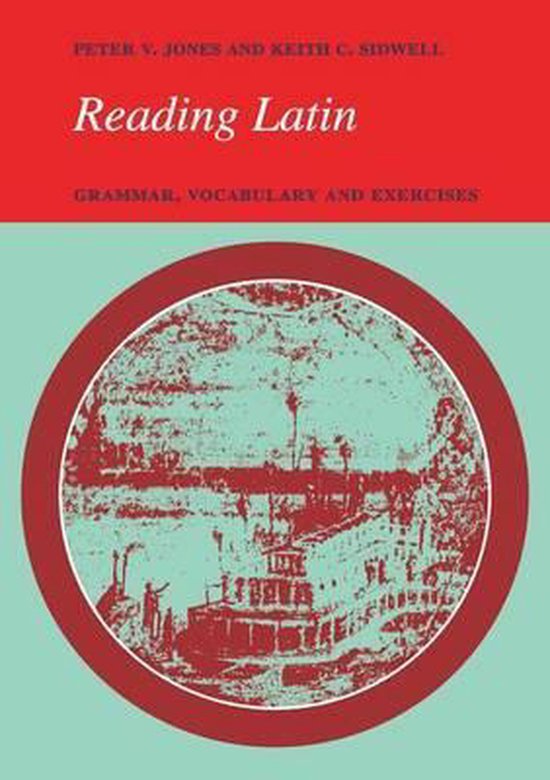 Boek "Reading Latin" met de titel en auteurs op een rode band, en een cirkelvormige illustratie van een stoomboot op de voorgrond.