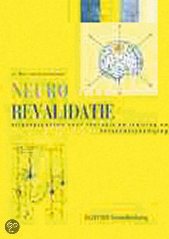 Boek met de titel 'Neurorevalidatie' op een gele achtergrond, met afbeeldingen van hersenen en neuronen.