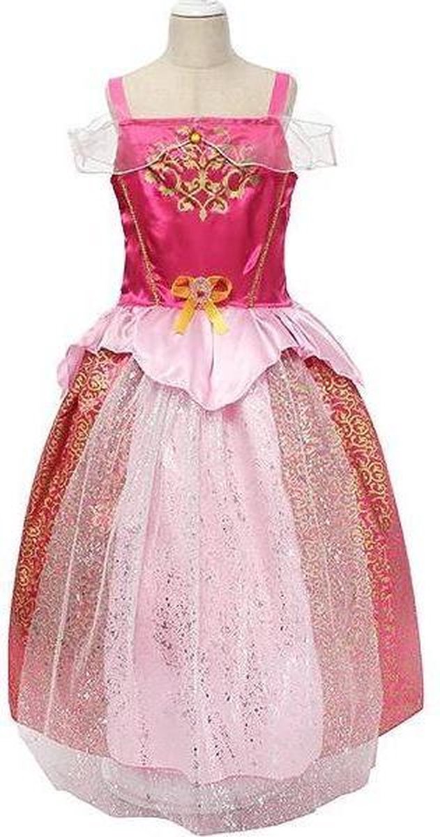 Doornroosje jurk Prinsessen jurk verkleedjurk meisje 104-110 (120) fel roze goud met broche + haarband