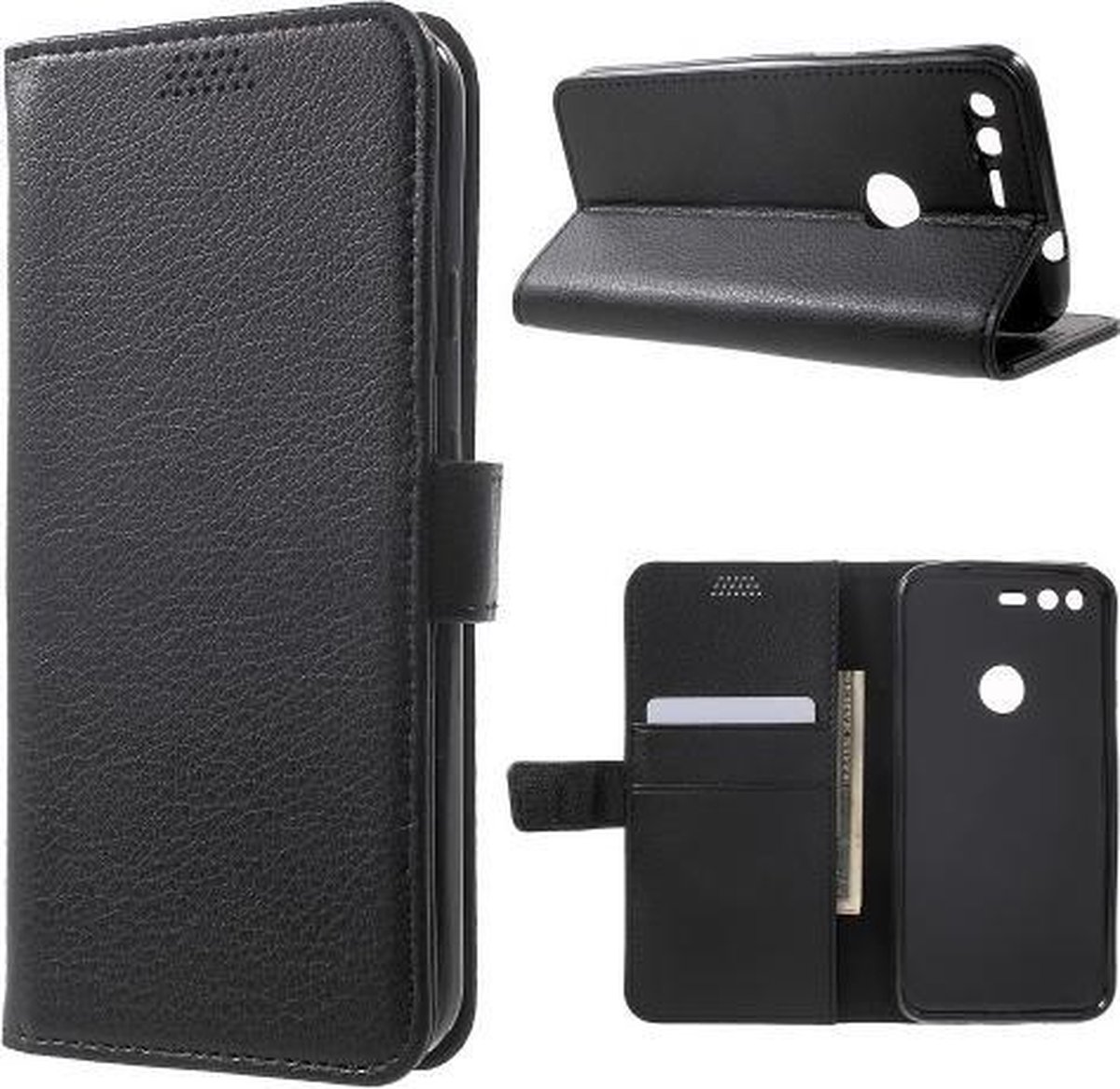 Litchi cover zwart wallet case hoesje Geschikt voor: Google Pixel