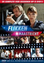 Cover van Flikken Maastricht met Victor Reinier en Angela Schijf. Alle 4 seizoenen op 13 dvd's.