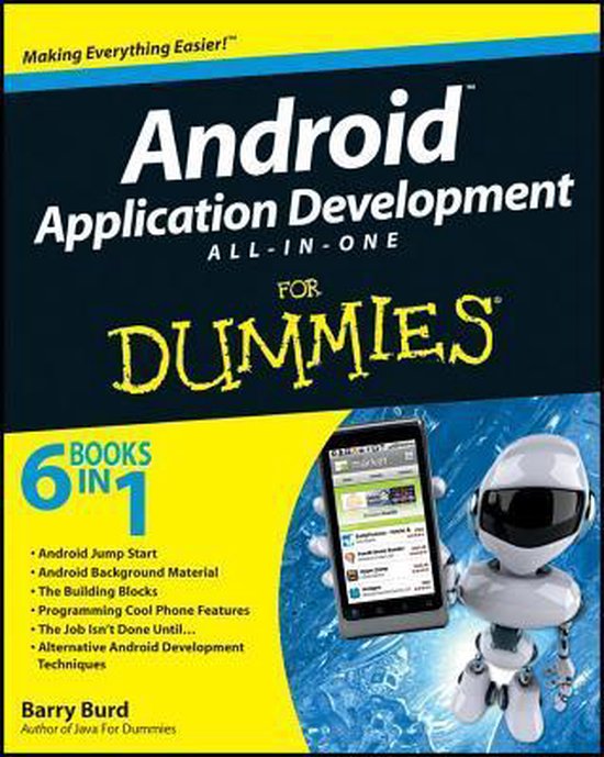 Boek "Android Application Development All-in-One For Dummies" met robot en telefoon.