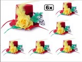 6x Mini hoedje rood/geel/groen roos/veren/gaas
