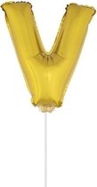 Gouden opblaas letter ballon V op stokje 41 cm