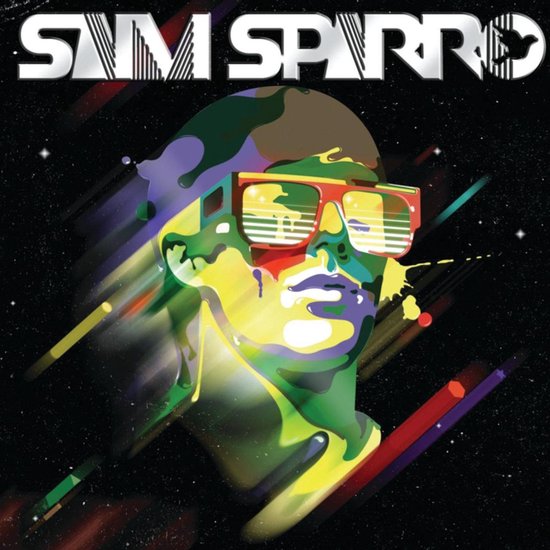 Een neonkleurige illustratie van een hoofd met zonnebril. De tekst "SAM SPARRO" staat bovenaan in witte letters.