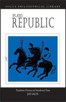 Boekomslag van Plato's 'Republic' met een blauwe achtergrond en een afbeelding van twee figuren op paarden.