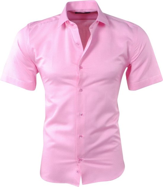 Pradz - Heren Korte Mouw Overhemd met Trendy Design - Slim Fit - Roze |  bol.com