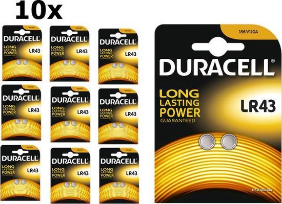 Duracell 10 x LR43 DURACELL Alkaline coin Batteries 186 V12GA AG12 L1142 G12A 1.5v   5000394052598 