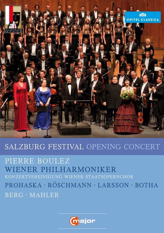 Een groot koor en orkest staan op een podium. De tekst "SALZBURG FESTIVAL OPENING CONCERT" staat onderaan.