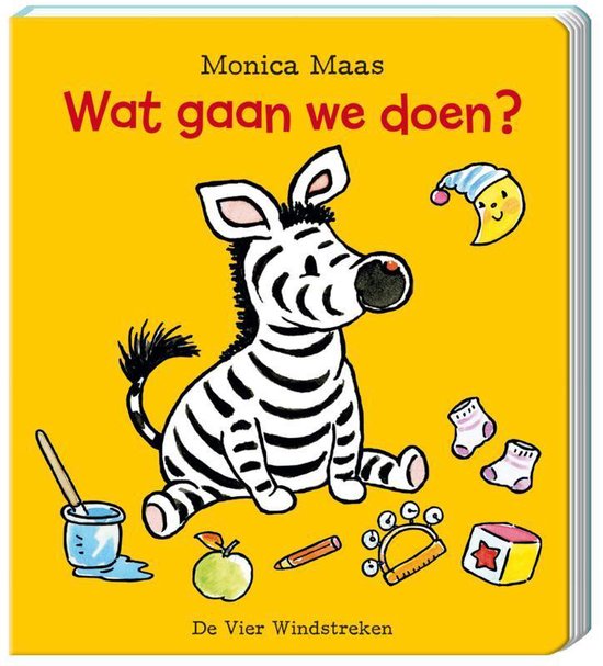 Boek "Wat gaan we doen?" met een zebra, maan met slaapmuts, sokjes, potlood, appel en tamboerijn.