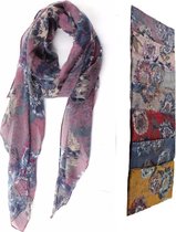 Paarse viscose dames sjaal met bloemen in blauw grijs - 85 x 175 cm