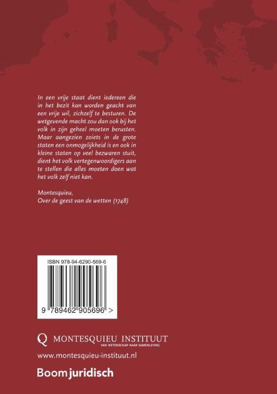 Achterkant van een boek met tekst en een barcode. De titel 'Montesquieu' en 'Boom juridisch' staan onderaan.