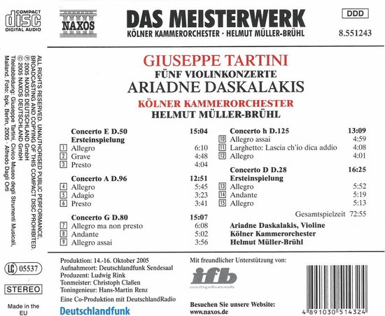 Ariadne Daskalakis, Kölner Kammerorchester, Helmut Müller-Brühl - Tartini: Fünf Violinkonzerte (CD)