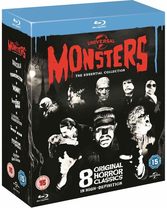 Box met 8 Universal Monsters Original Horror Classics Blu-ray discs. Horrorfiguren Dracula, Frankenstein en Mummy prominent in beeld.