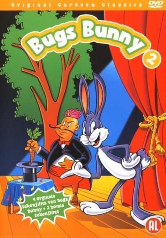 Bugs Bunny 2 DVD cover met Bugs Bunny en een man met snor. Links staat een tafel met een hoed en wortel.