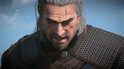 Close-up van Geralt met littekens, gevechtskleding en een woedende uitdrukking.